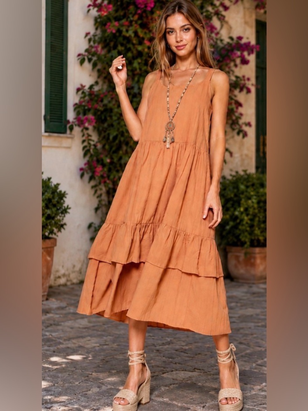 ⭐️Monique Rust/Orange Sleeveless Double Ruffle Dress - Picture 1 of 5